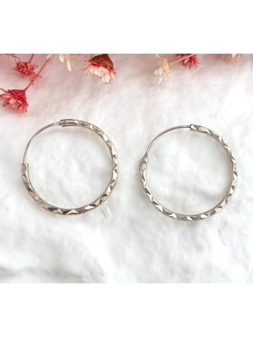 Sterling Silver Hand Carved Textured Vintage 925 Hoop Vintage Earrings